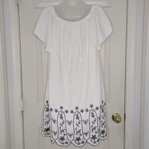 Linen Blend Embroidered Eyelet Floral Dress White‎ M